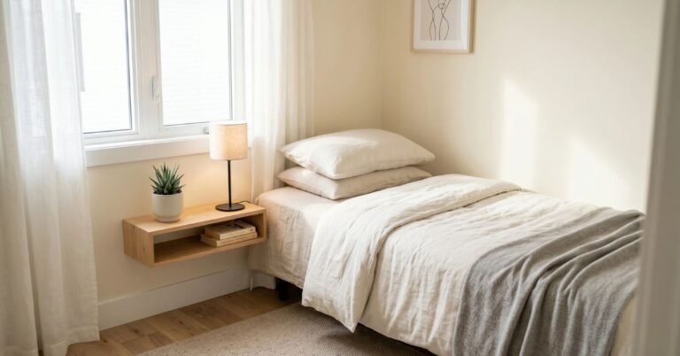 Cozy minimalist setup showcasing smart tiny bedroom ideas with a floating nightstand