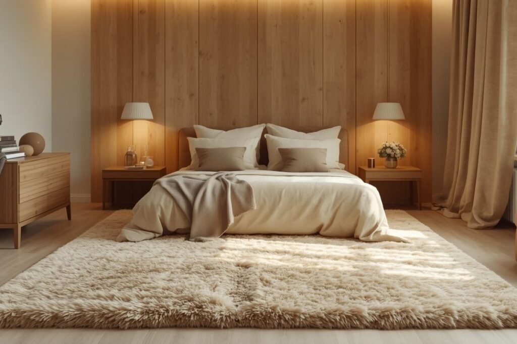 Soft luxury rugs on wooden floor adding warmth to compact small bedroom ideas