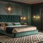 Art deco room ideas with glamorous emerald green bedroom gold brass accents velvet headboard and geometric rug