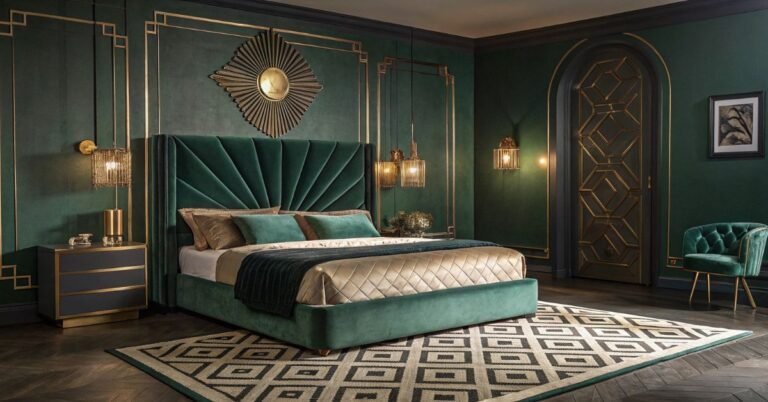 Art deco room ideas with glamorous emerald green bedroom gold brass accents velvet headboard and geometric rug