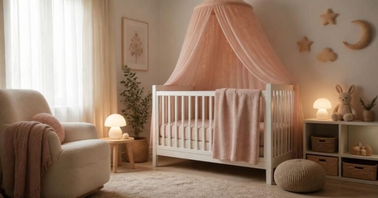 Soft and cozy baby nursery ideas with pink crib canopy and warm lighting