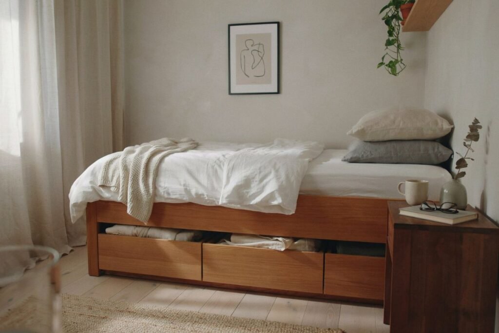 Tiny bedroom ideas with a wooden bed that has built in storage drawers