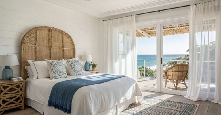 Coastal room ideas with bright white bedroom, rattan headboard, ocean blue accents, and sheer linen curtains