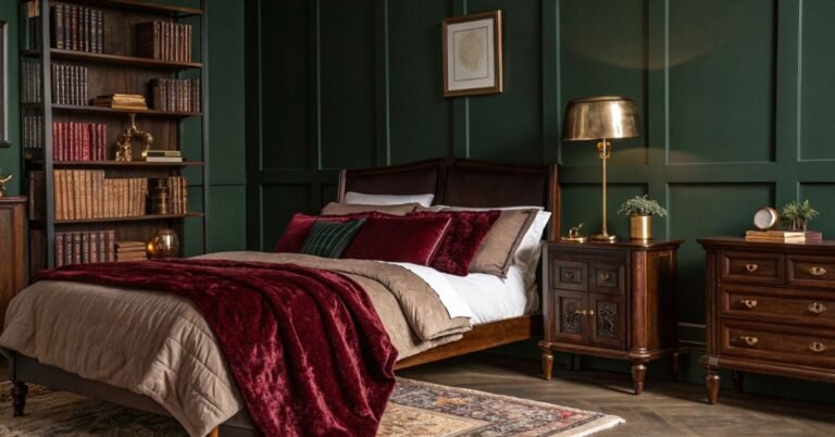 Dark academia room ideas showing a moody shelf with books, globe, brass objects, and trailing ivy