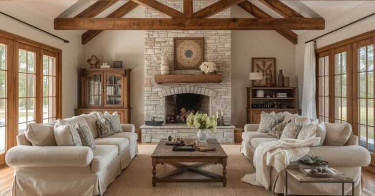 farmhouse living room ideas shown in a cozy space with wood beams and stone fireplace