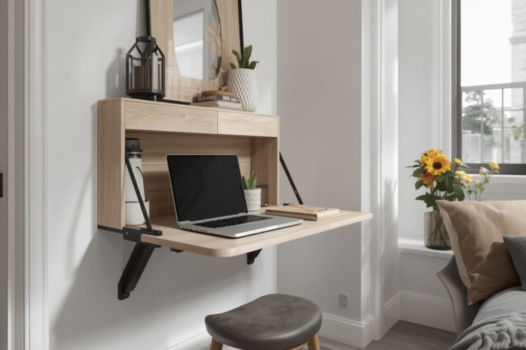 A space saving fold down desk bedroom workstation for tiny bedroom ideas