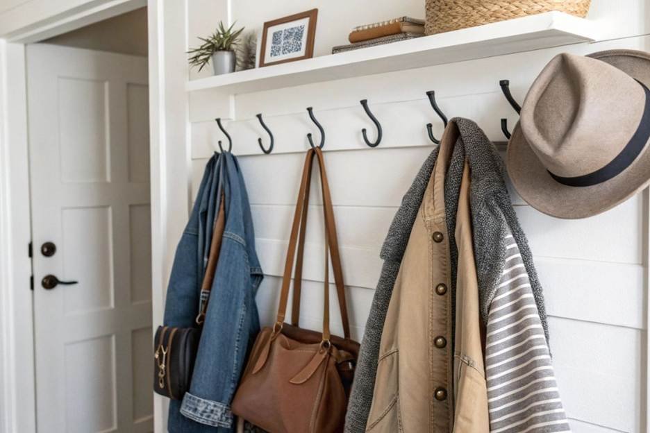 small space storage ideas with wall mounted hooks for bags and coats
