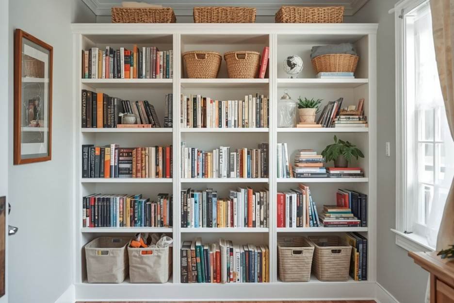 small space storage ideas with tall floor to ceiling shelving
