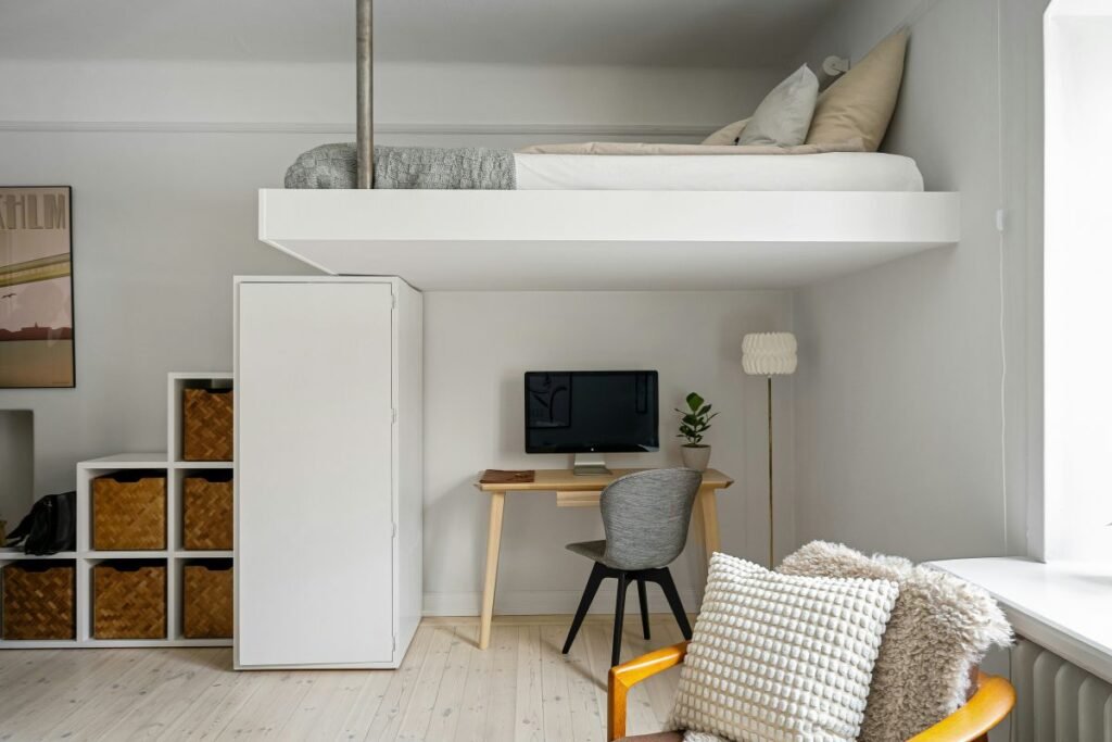A modern loft bed to free up space and create unique tiny bedroom ideas