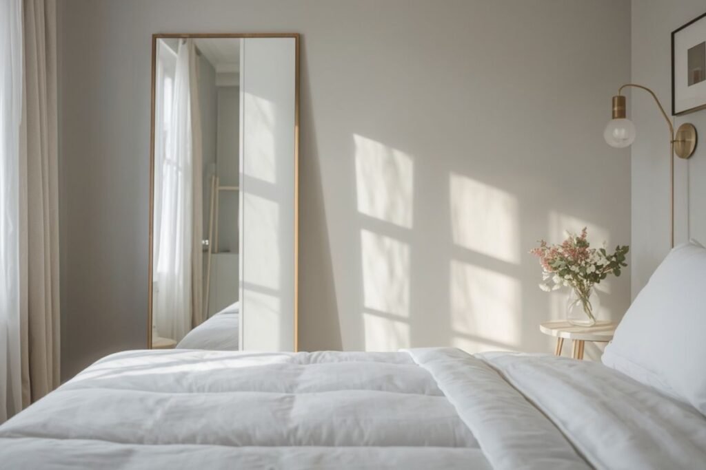 Placing tall mirrors for small bedroom walls to reflect light and add depth
