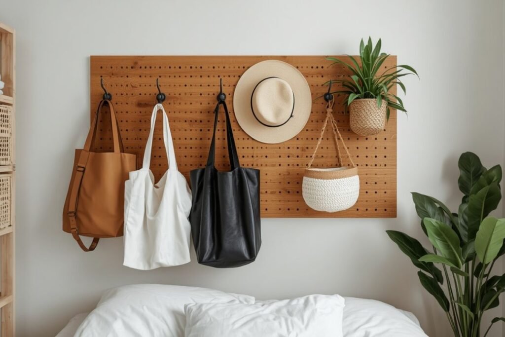 Practical pegboard wall hooks bedroom storage for clever tiny bedroom ideas