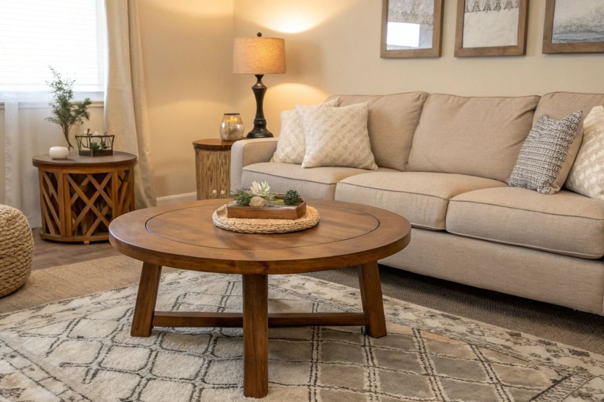 small apartment living room ideas with round wooden coffee table