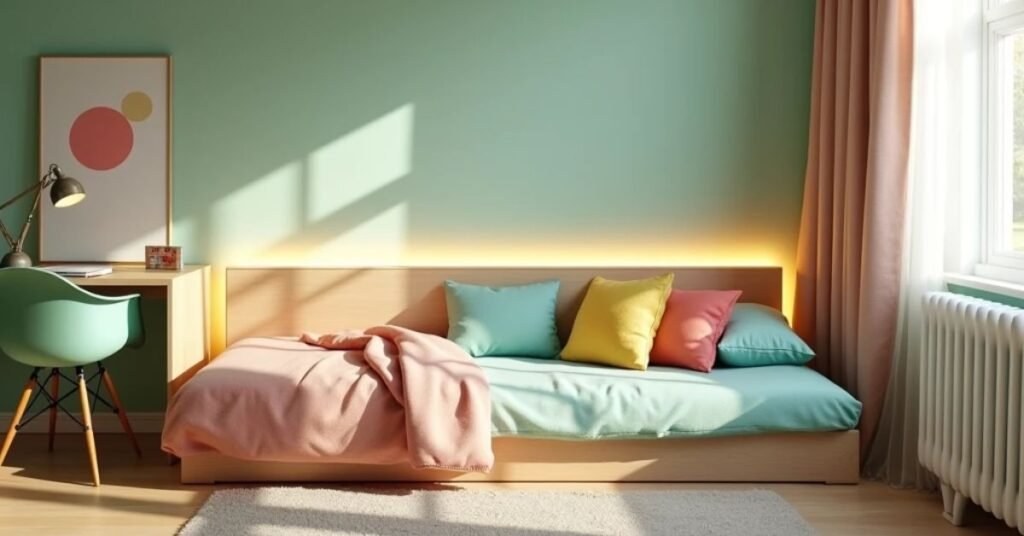 Teen bedroom ideas shown in a bright stylish room with daybed and LED lighting