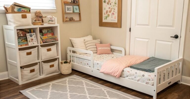 Toddler room ideas shown in a cozy bedroom with low bed and reading nook