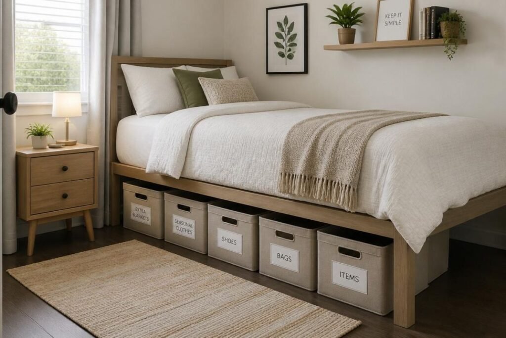Under bed storage bins used to organize clutter in tiny bedroom ideas