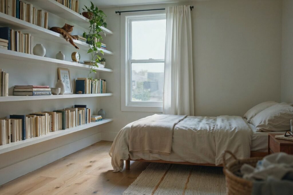 Tall bookshelves and vertical bedroom storage ideas to maximize tiny bedroom ideas