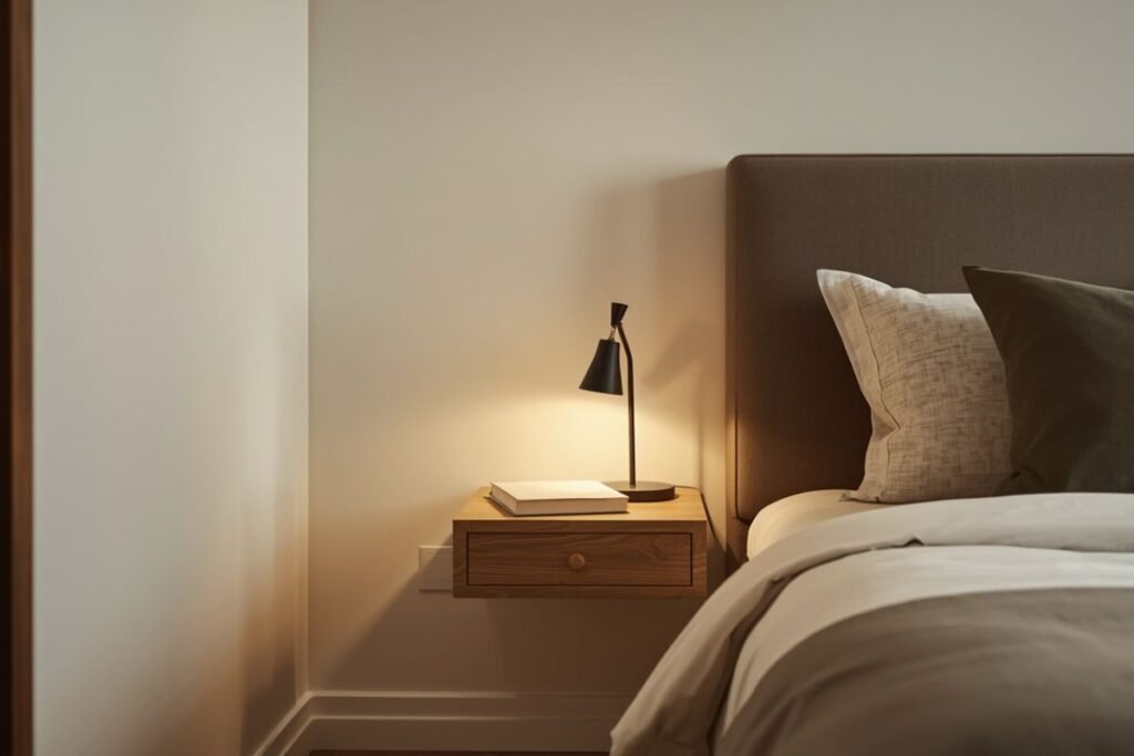 Floating wall mounted nightstand ideas to keep floors clear in tiny bedroom ideas